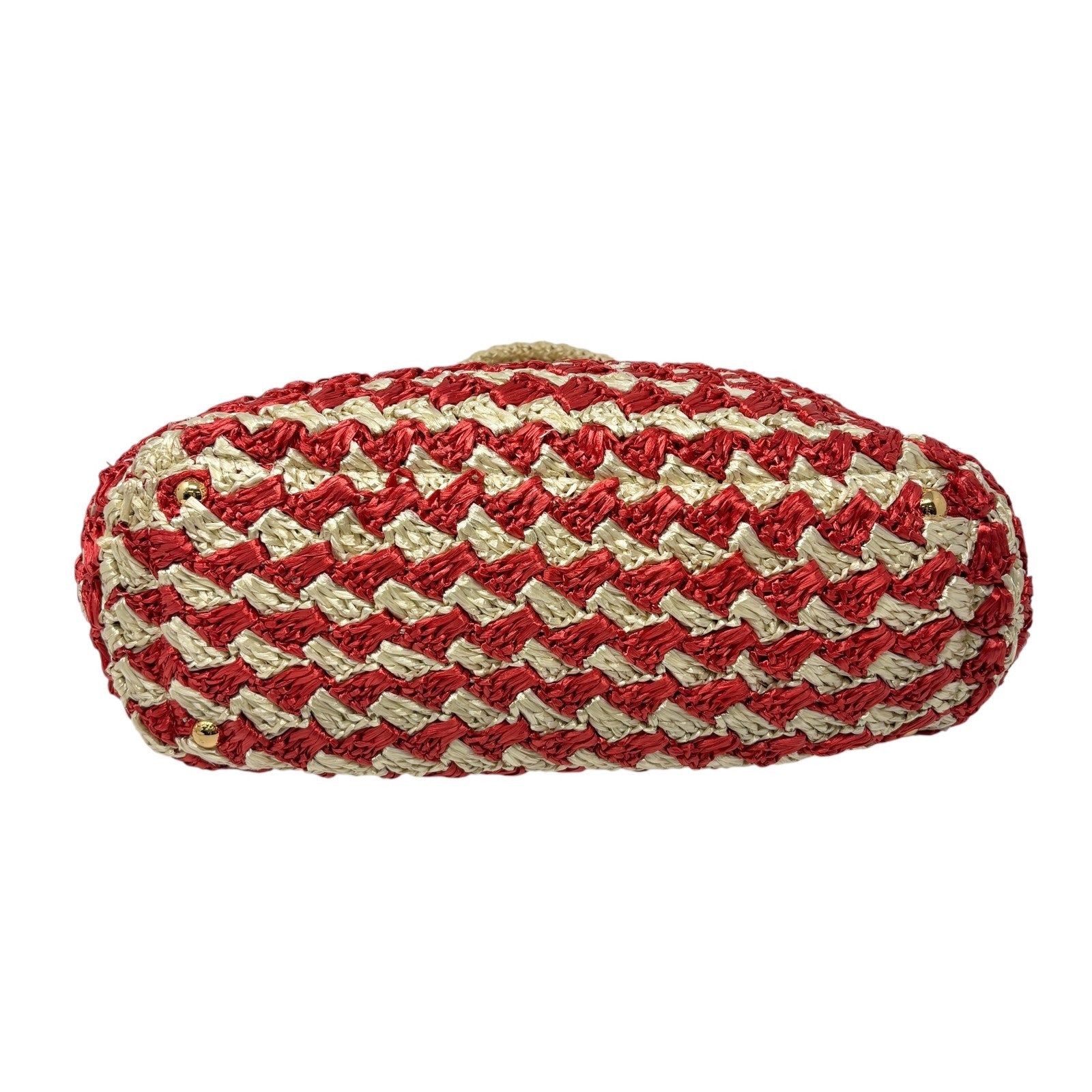 PRADA Vintage Logo Raffia Tote Bag Handbag Red Cream Gold Polyethylene