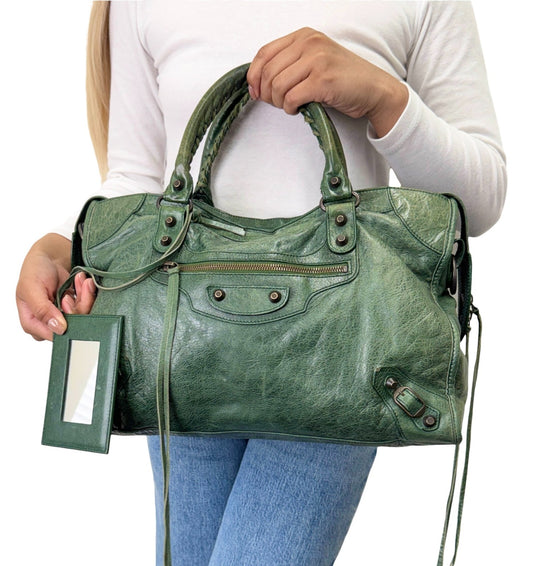 Balenciaga Vintage Classic City Mirror Tote Shoulder Leather Bag Green 902390