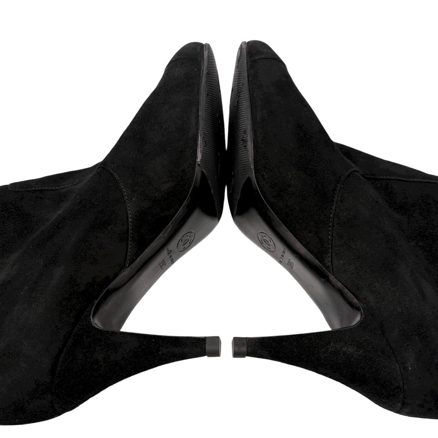 CHANEL Vintage CC Logo Charm Button Ankle Suede Boots Heels #39 Black Gold