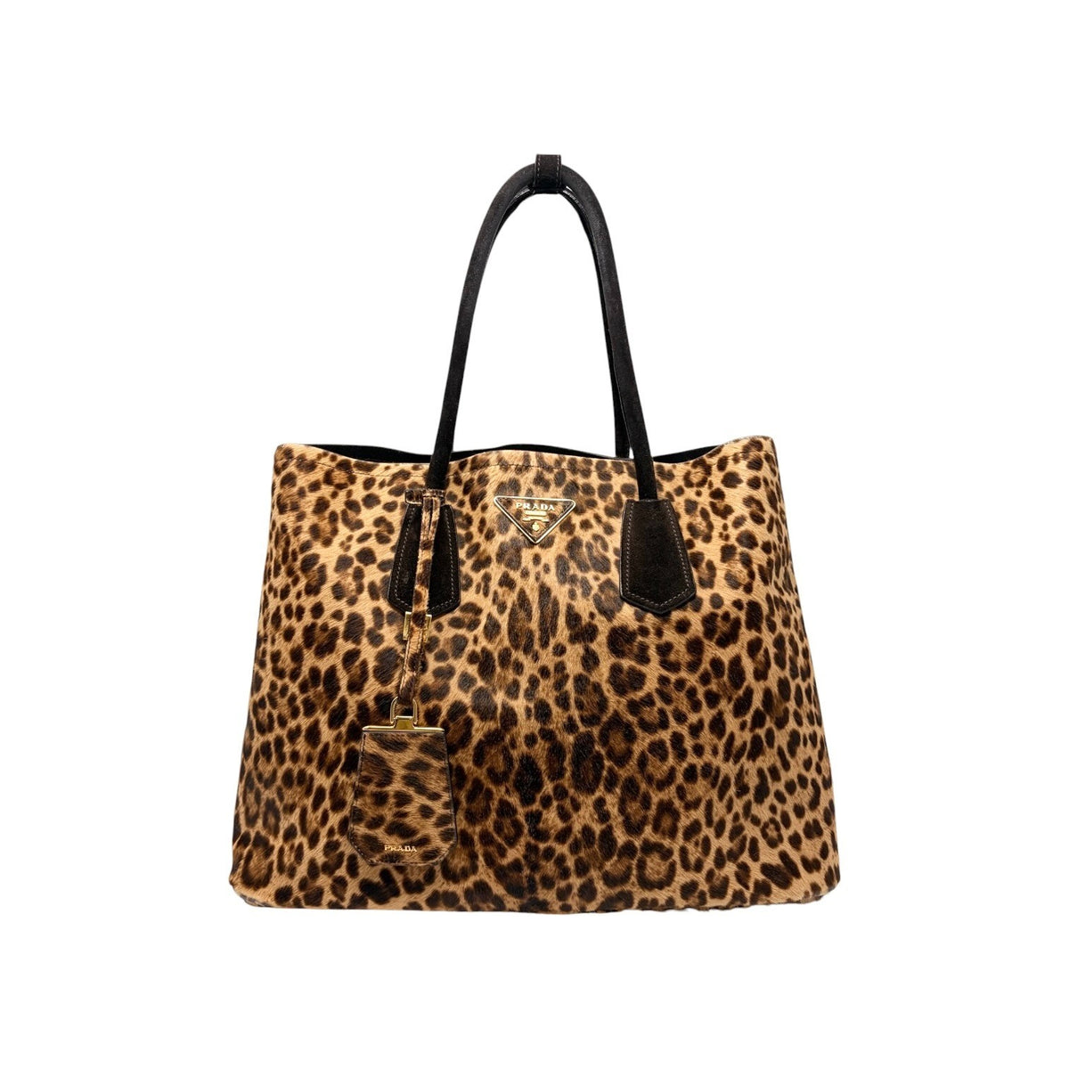 PRADA Vintage Triangle Logo Leopard Tote Bag Brown Black Pony Calf Hair 902452