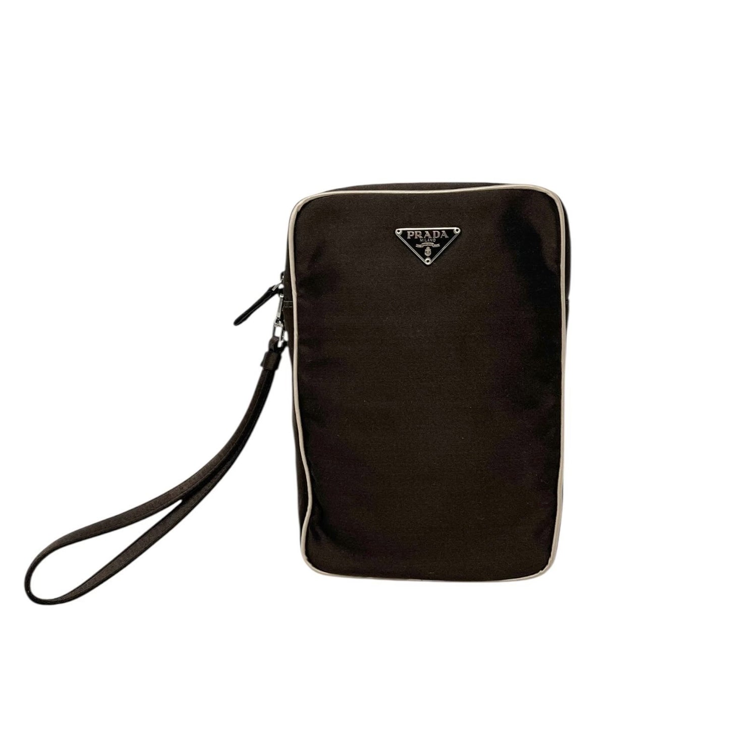 PRADA Vintage Triangle Logo Satin Wristlet Clutch Bag Brown Beige Pouch