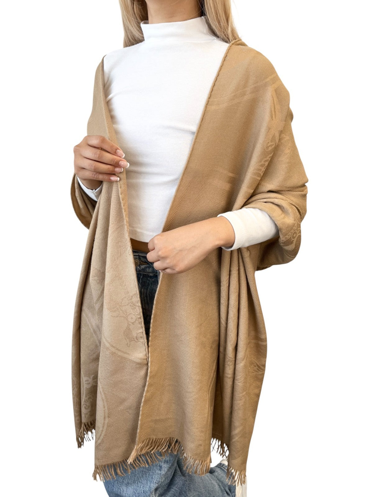 HERMES Vintage H Logo Cashmere New Libris Shawl Scarf Wrap Beige Silk 902845