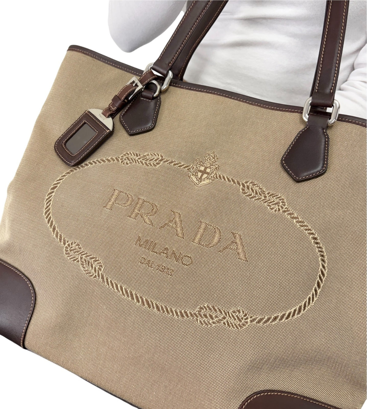PRADA Vintage Jacquard Logo Tote Bag Brown Silver Canvas Leather 902340
