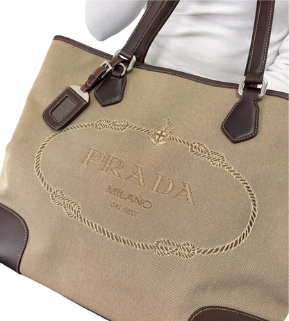 PRADA Vintage Jacquard Logo Tote Bag Brown Silver Canvas Leather 902340