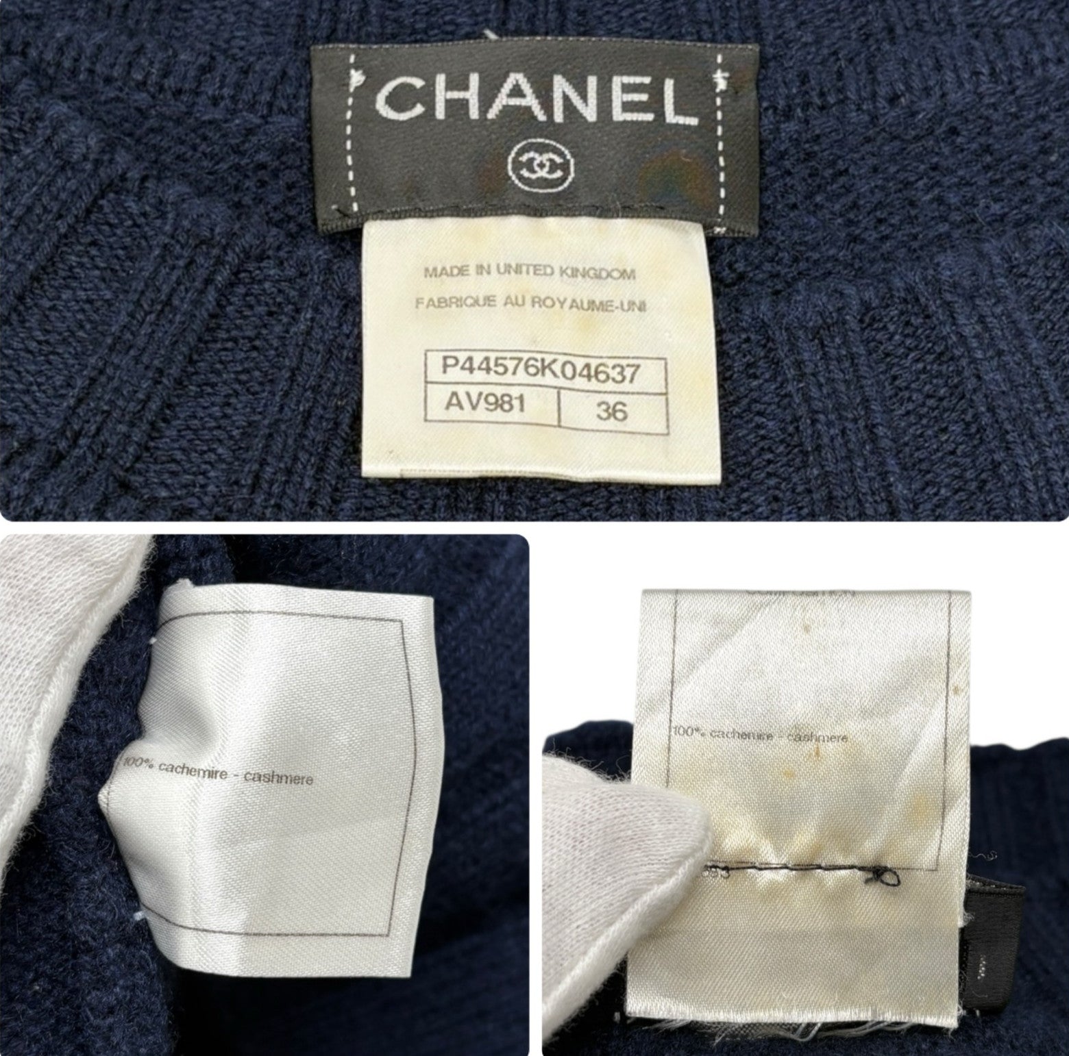 CHANEL Vintage P44576 CC Mark Logo Cashmere Knit Sweater Top #36 Dark Blue Navy
