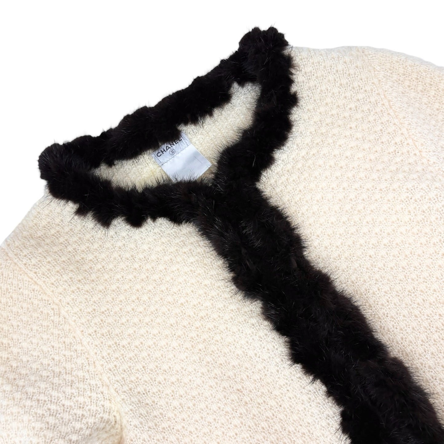 CHANEL Vintage 03A CC Logo Fur Trim Knit Cardigan #42 Cream Brown Mohair 901978