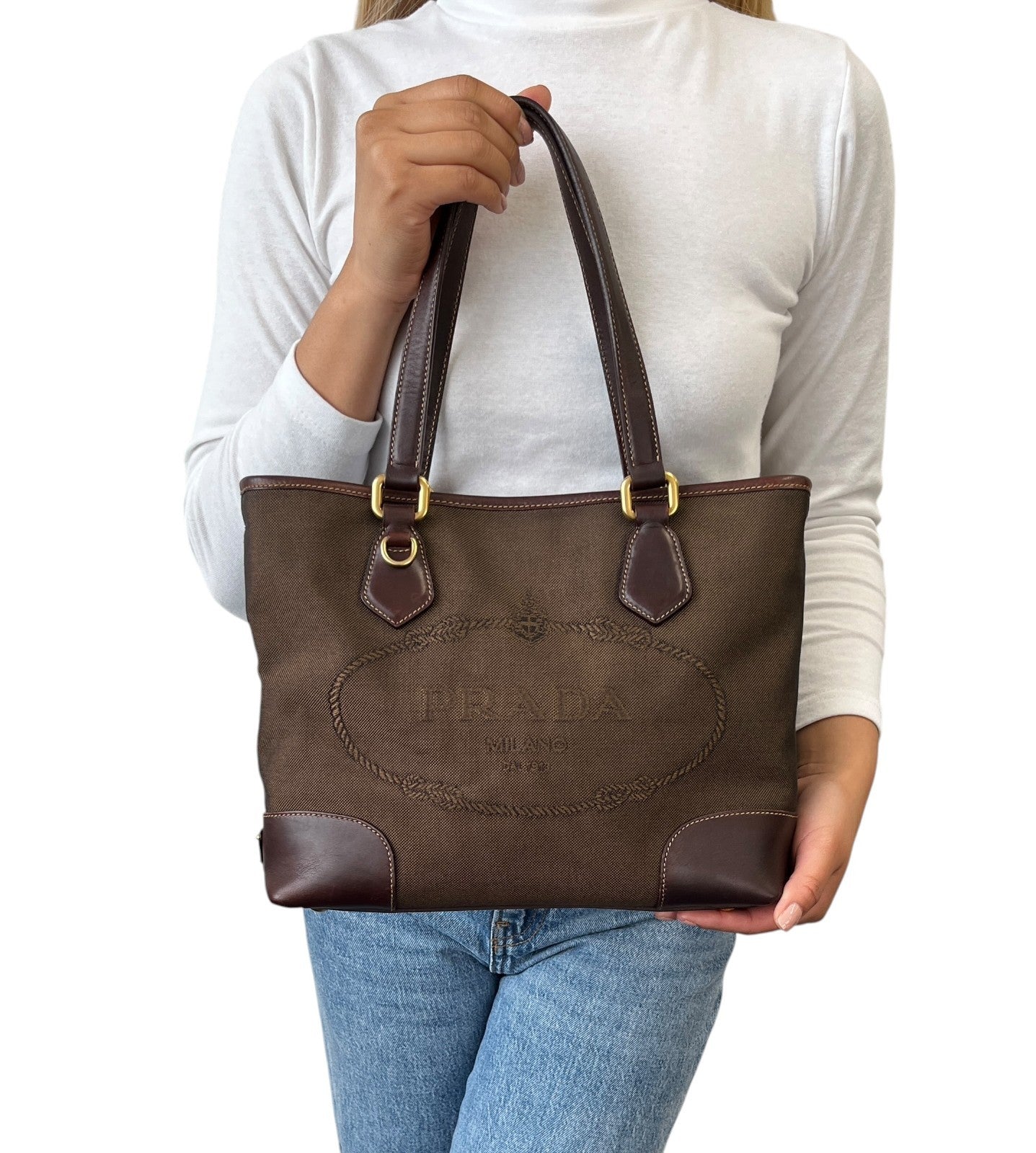 PRADA Vintage Triangle Logo Milano Jacquard Canvas Shoulder Tote Bag Brown Gold