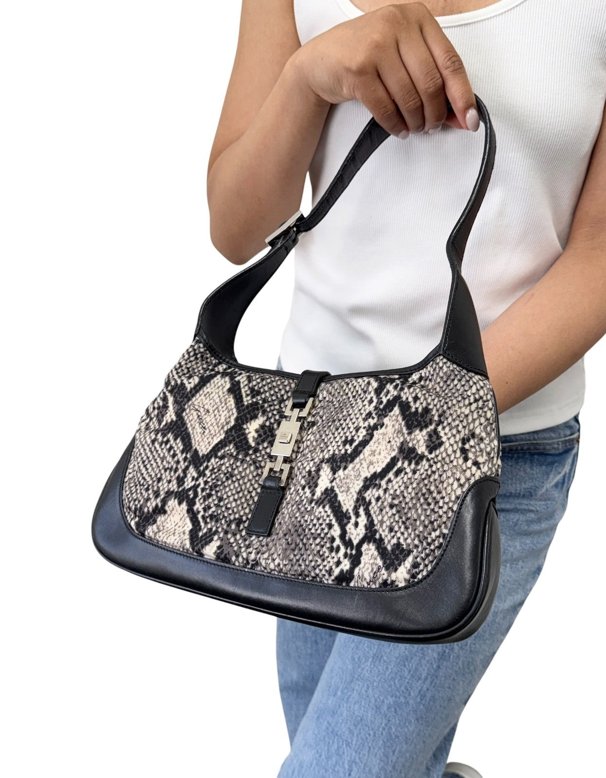 GUCCI Vintage Logo Jackie Snake Print Shoulder Bag Black White Nylon 902411