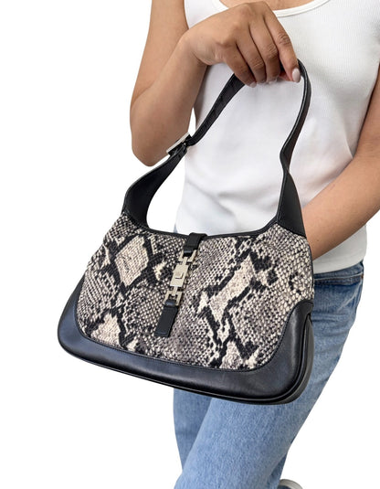 GUCCI Vintage Logo Jackie Snake Print Shoulder Bag Black White Nylon 902411