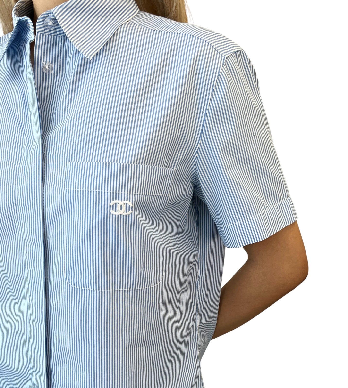 CHANEL Vintage 99P CC Logo Shirt Top #40 Button Up Stripe Blue Short Sleeve