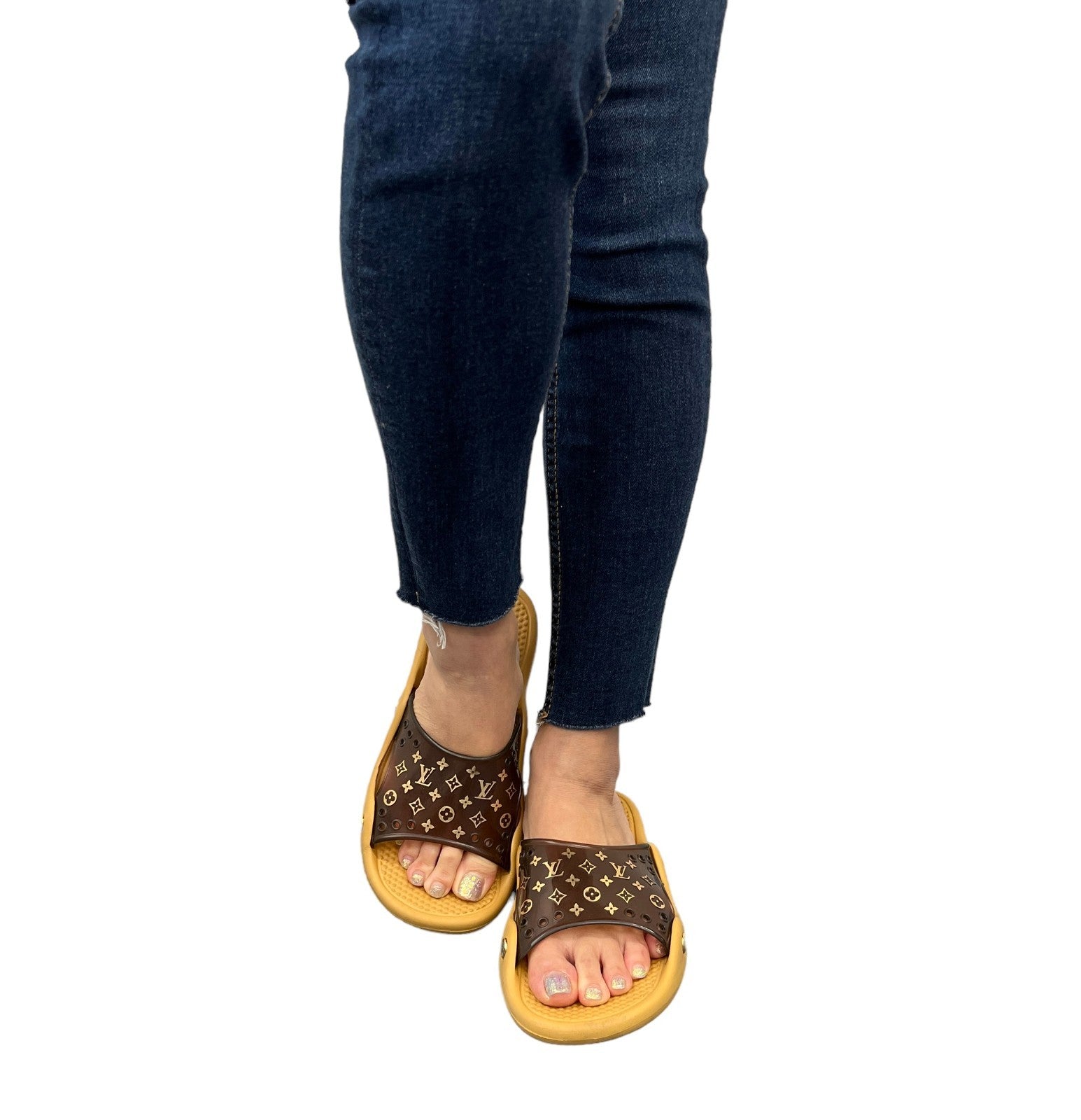 LOUIS VUITTON Vintage LV Monogram Logo Slide Sandals #36-37 Brown Beige Rubber