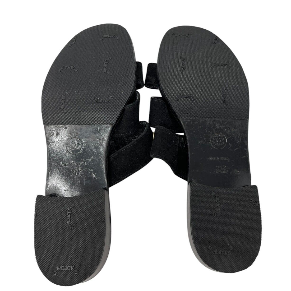 CHANEL Vintage CC Mark Logo Plate Slide Sandals #37-37.5 Black Gold Suede