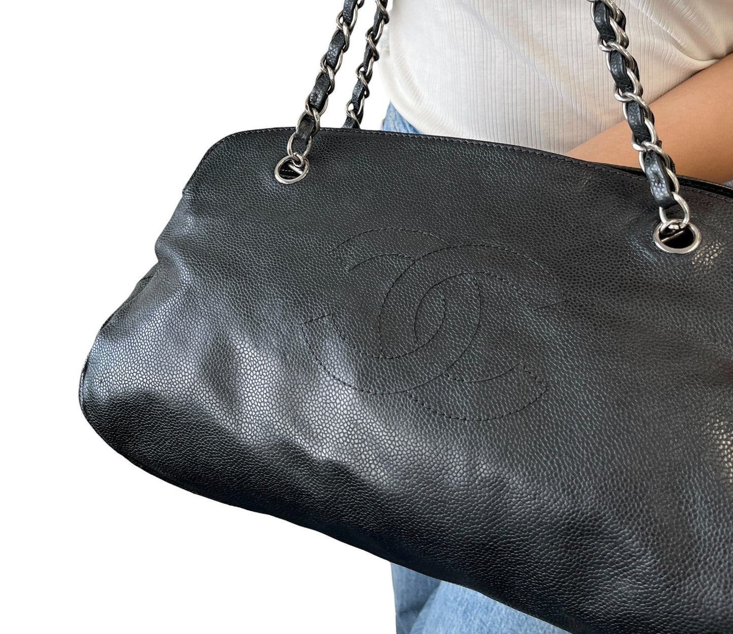CHANEL Vintage CC Logo Stitch Chain Shoulder Bag Black Silver Leather 902203