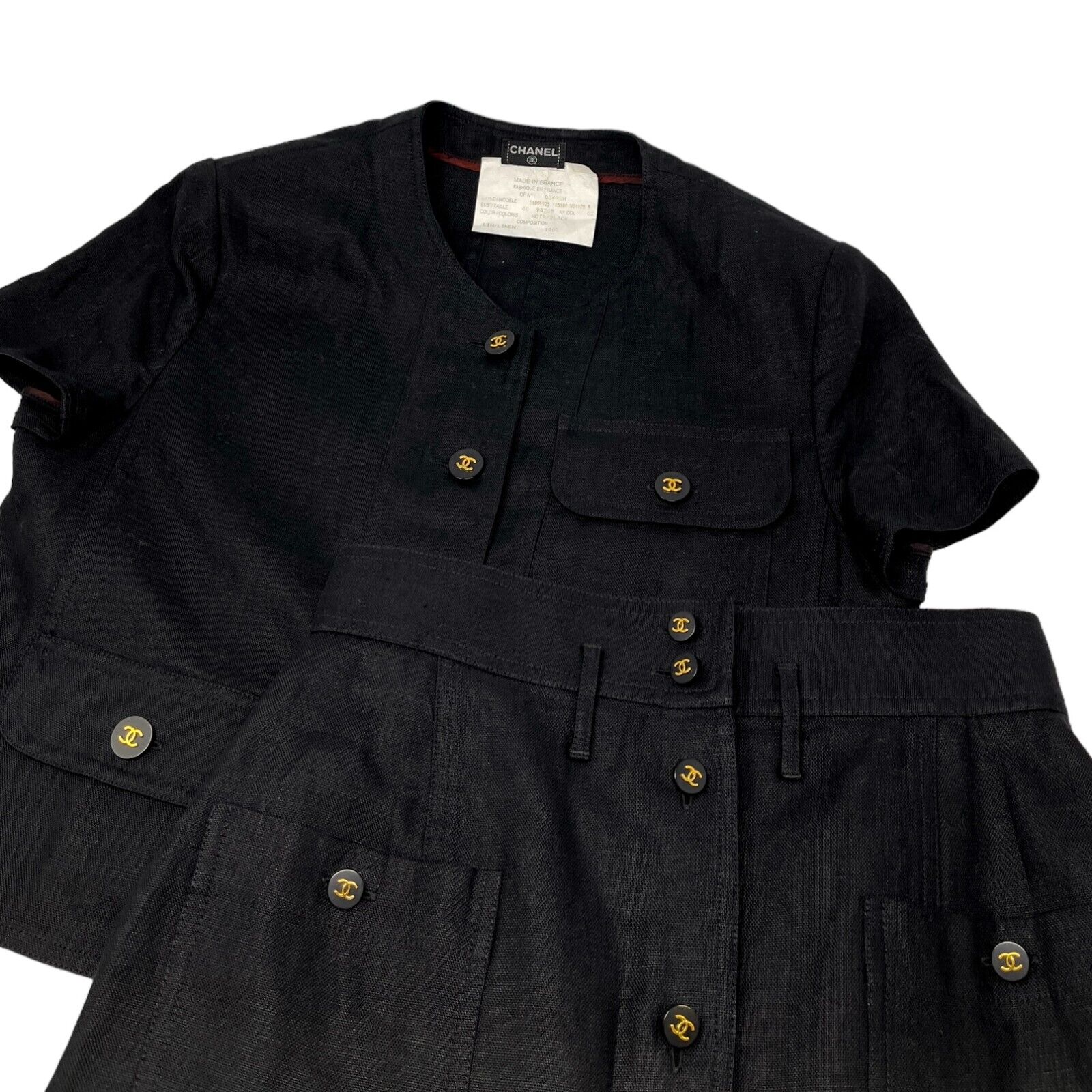 CHANEL Vintage 97P CC Button Linen Shirt Jacket Skirt Set #40 Black Rank AB+