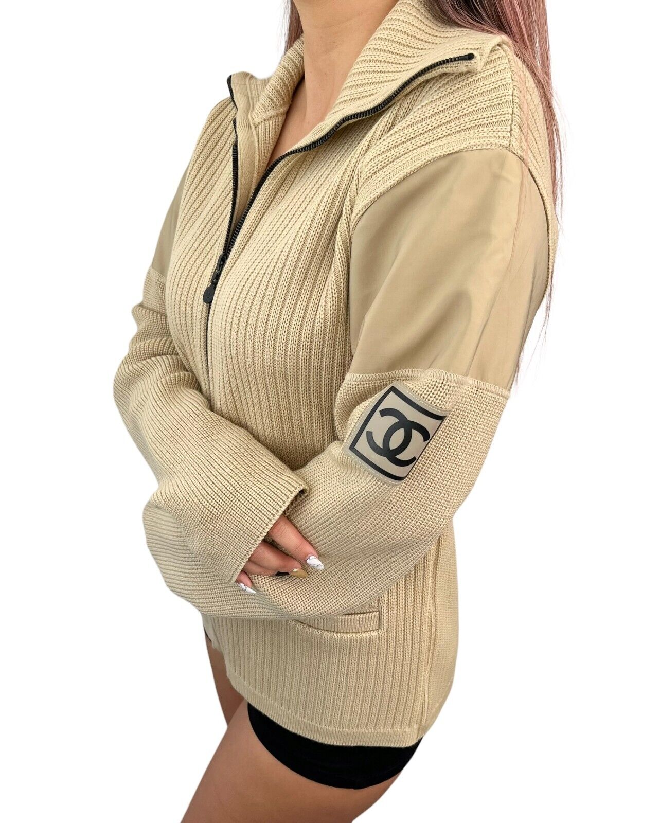 CHANEL Sport Vintage 02A CC Mark Logo Zipped Knit Jacket #46 Beige Wool RankAB+