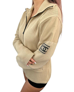 CHANEL Sport Vintage 02A CC Mark Logo Zipped Knit Jacket #46 Beige Wool RankAB+