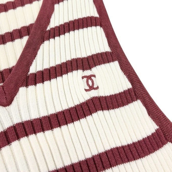 CHANEL Vintage 98P CC Mark Logo Rib Knit Tank Top Striped #40 Red White Cotton