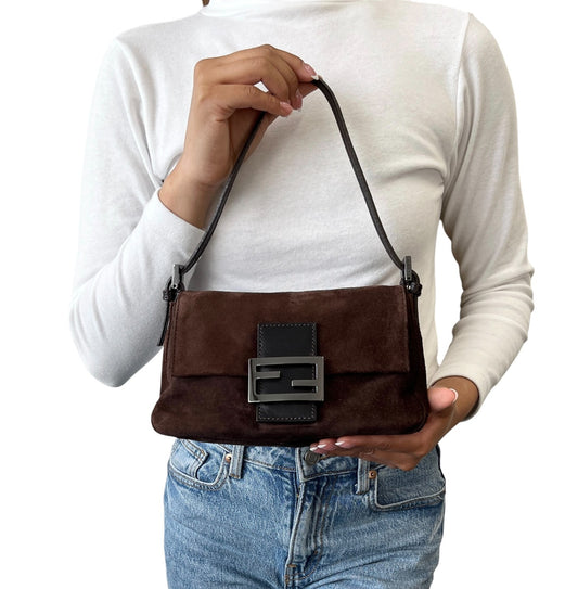FENDI Vintage FF Mamma Baguette Suede Shoulder Bag Brown Black Leather 902300