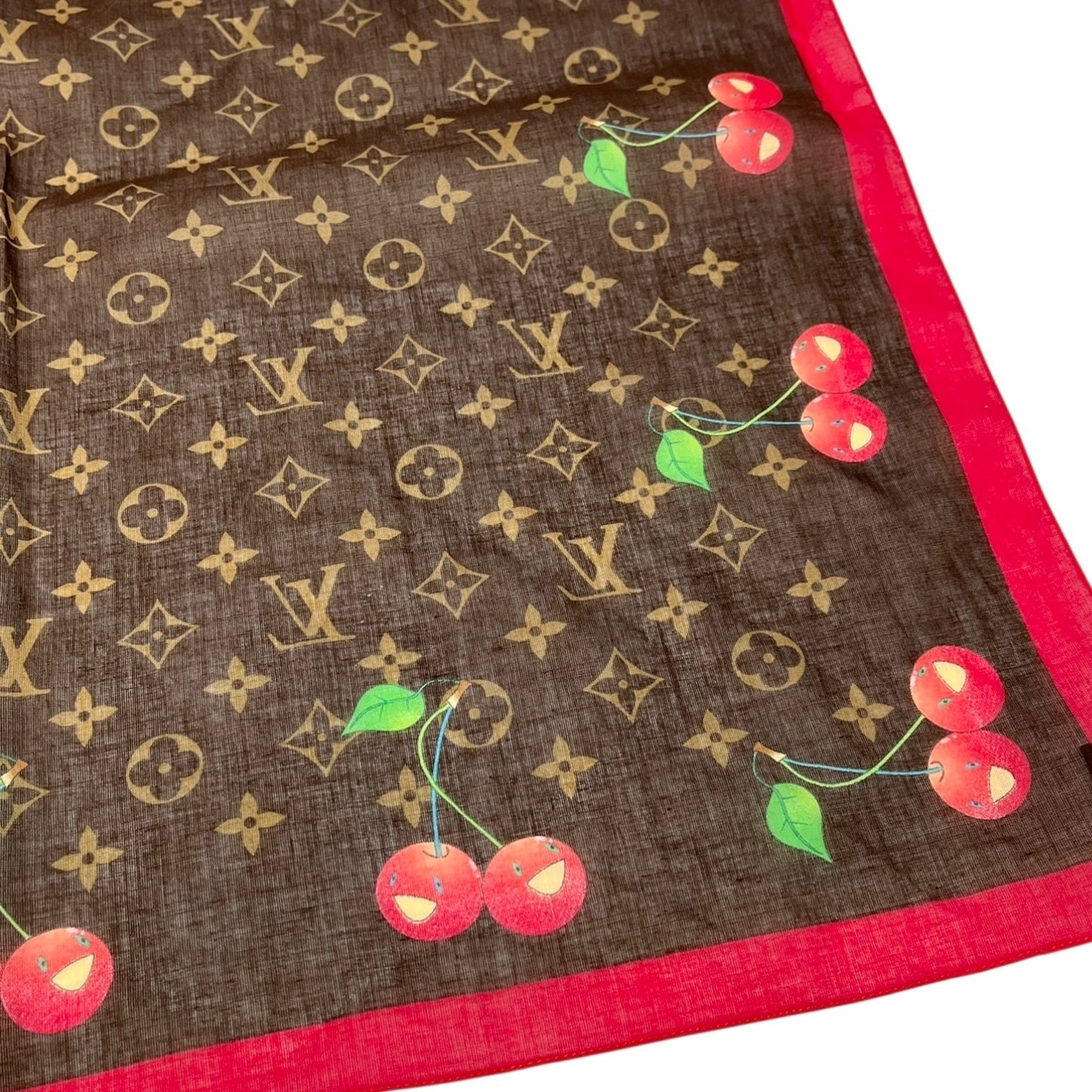 LOUIS VUITTON Vintage LV Monogram Cherry Scarf Wrap Takashi Murakami Brown Red