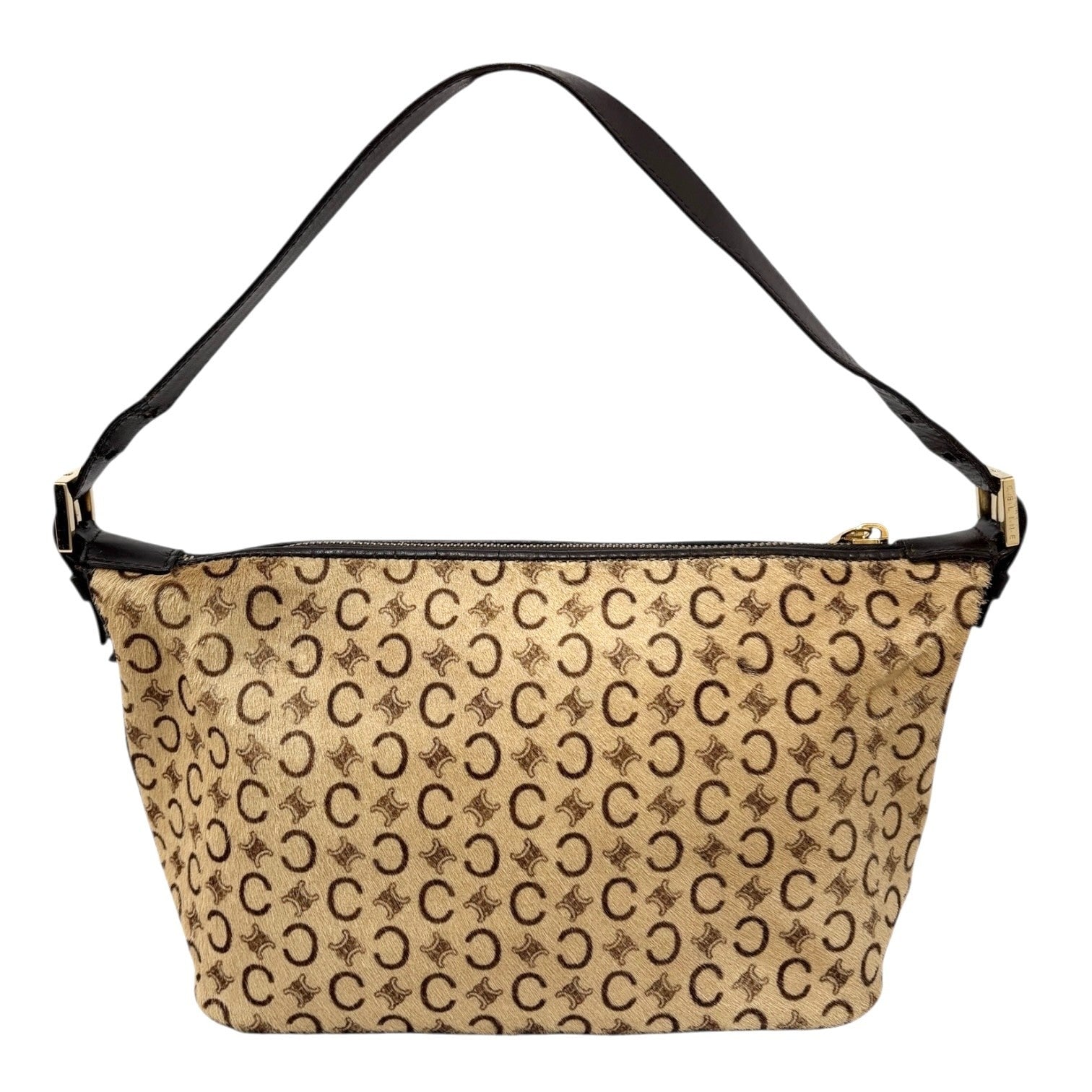 CELINE Vintage Macadam Logo Shoulder Bag Beige Brown Pony Calf Hair Leather