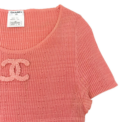 CHANEL Vintage 09P CC Logo Rib Knit T-shirt Top #40 Orange Cotton 902267