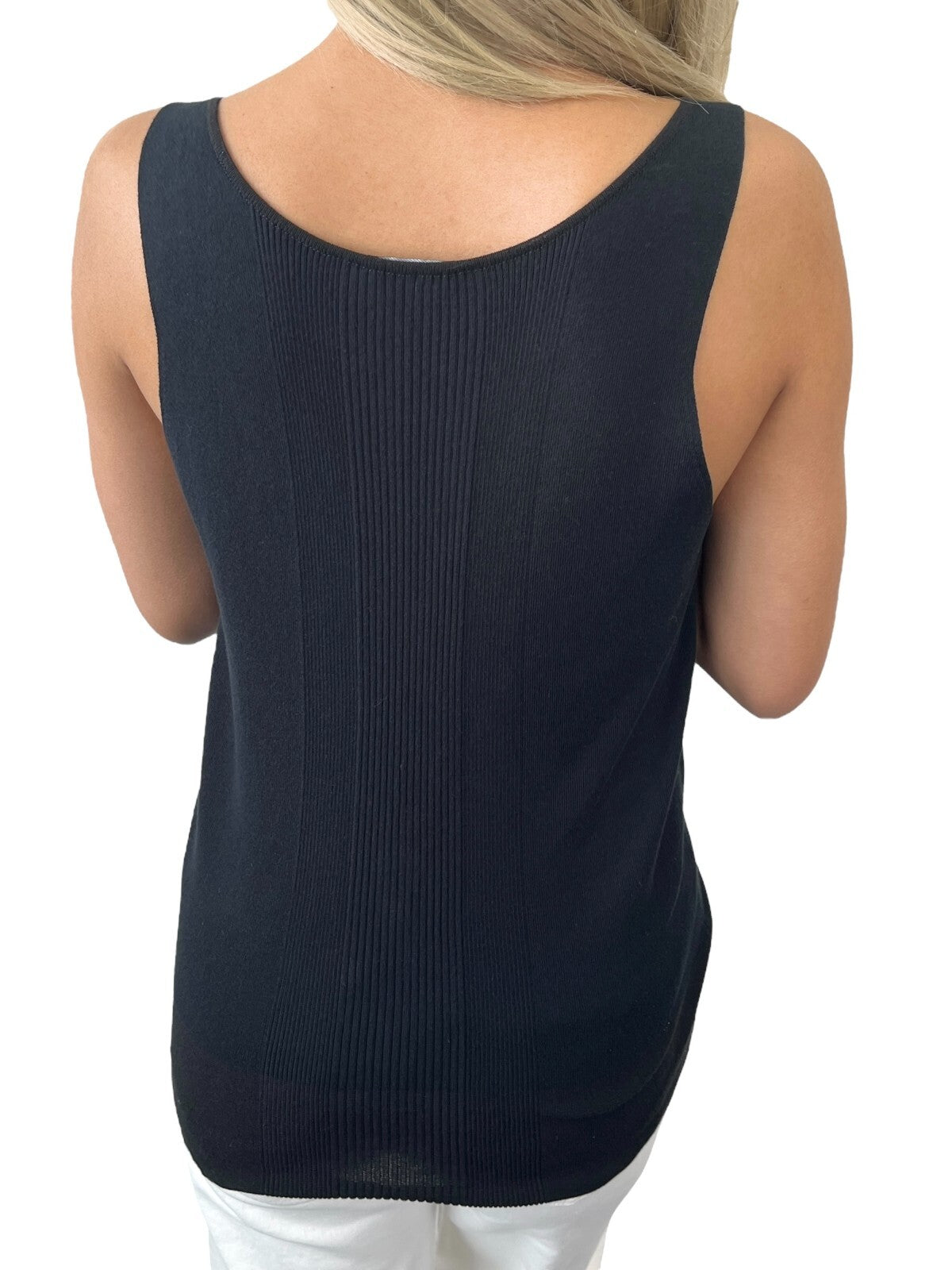 CHANEL Vintage 07P CC Mark Logo Rib Knit Tank Top #42 V-neck Black Cotton