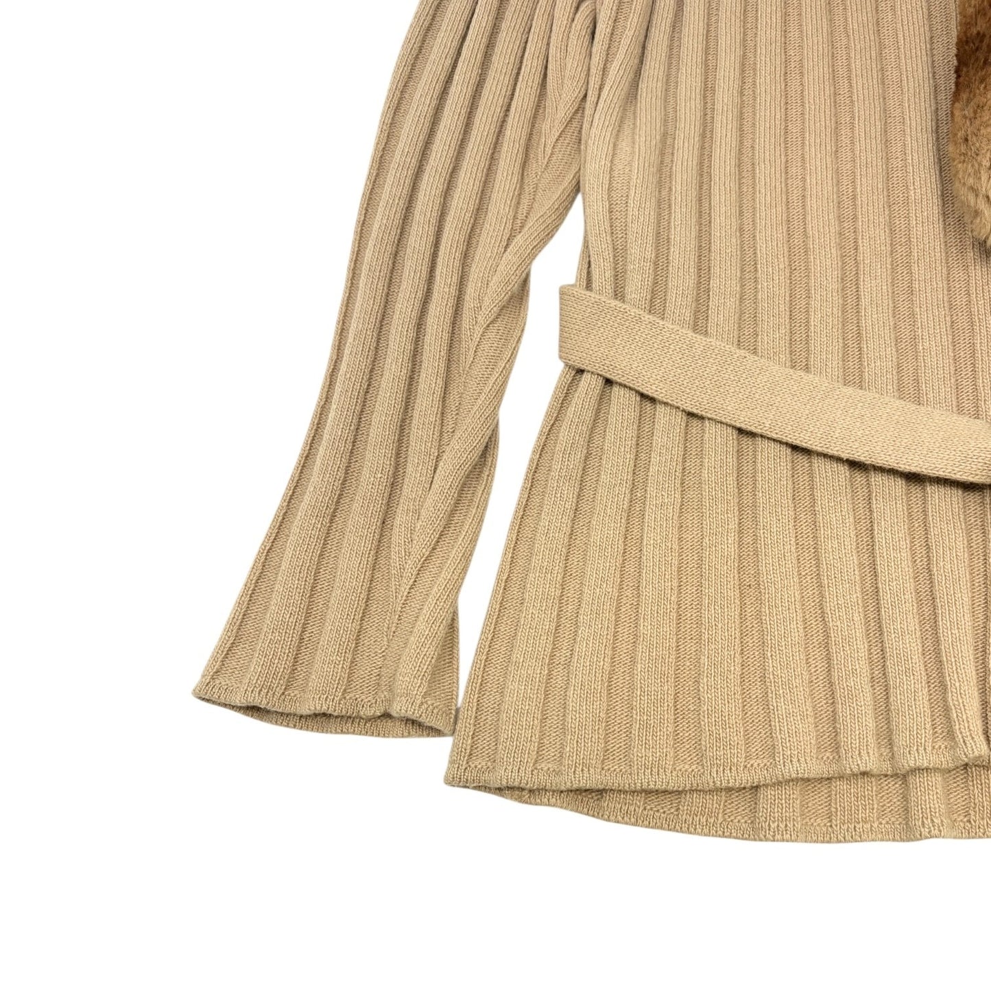 FENDI Vintage Fur Knit Rib Cardigan Jacket #46 Belt Beige Brown Wool