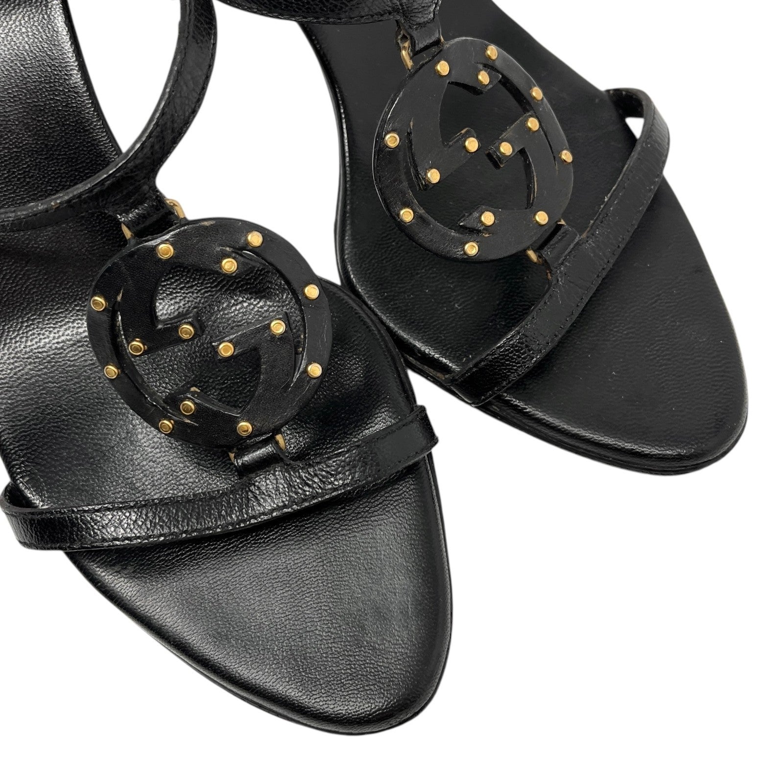 GUCCI Vintage GG Logo Slide Sandals Heels #36 Studs Stiletto Black Gold Leather