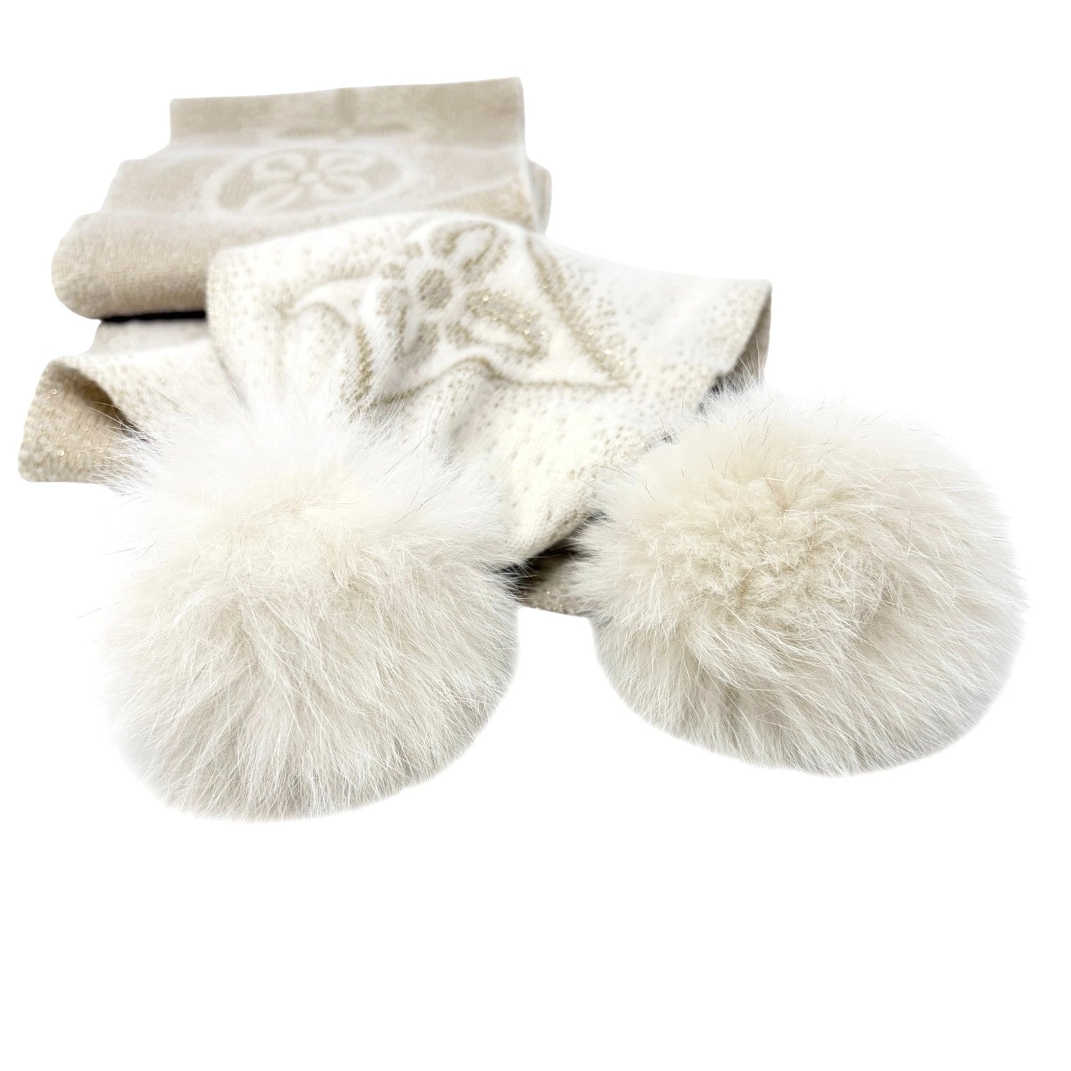 LOUIS VUITTON Vintage Monogram Shine Fox Fur Knit Scarf Shawl Cream Cashmere