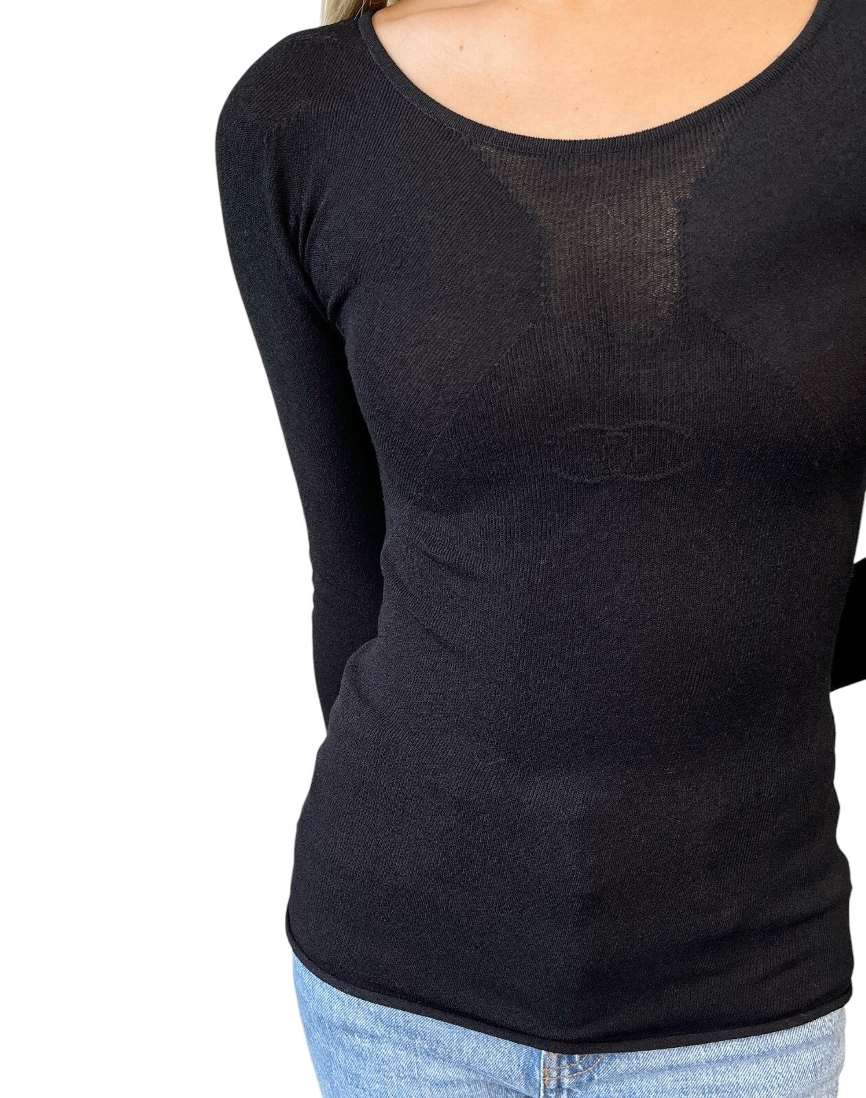 CHANEL Vintage 02C CC Mark Logo Long Sleeve Knit Top #36 Black Rayon
