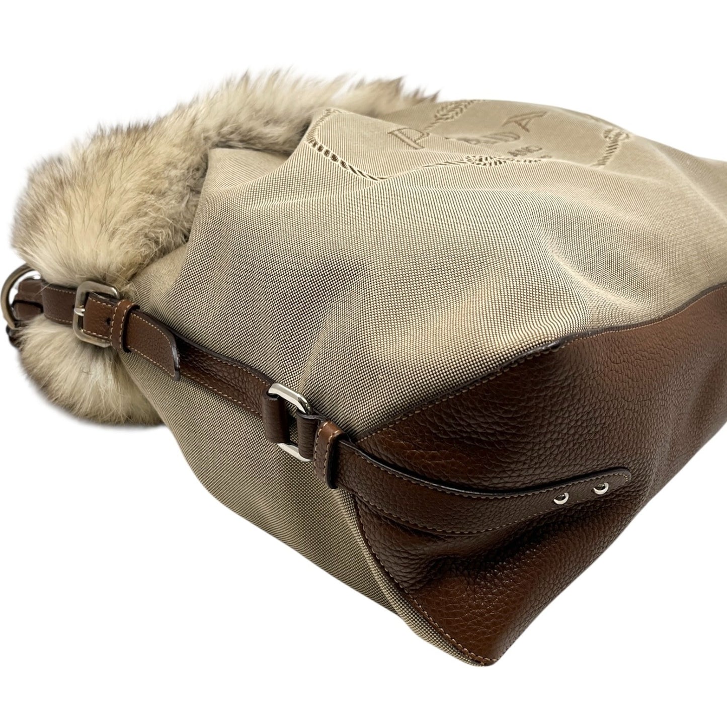 PRADA Vintage Logo Jacquard Fur Trim Canvas Shoulder Tote Bag Beige Brown
