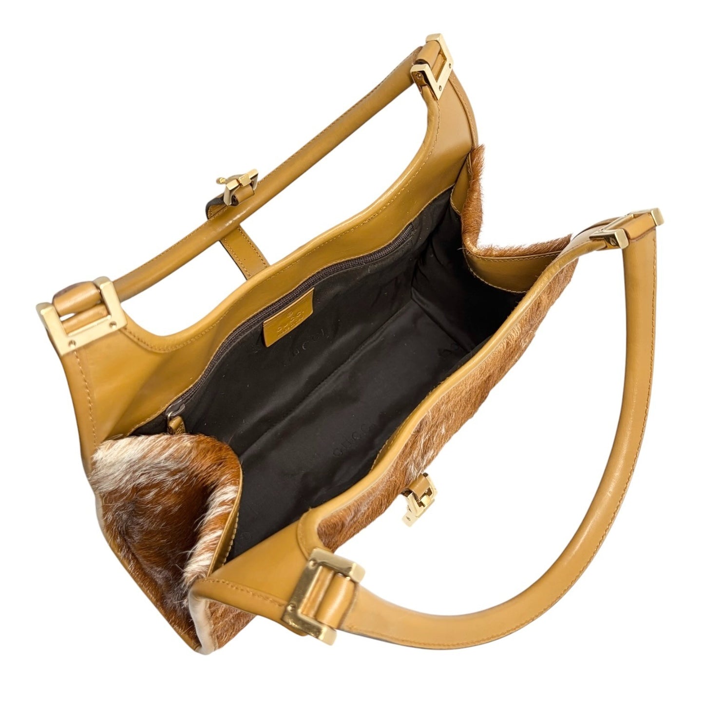 GUCCI Vintage Logo Jackie Pony Calf Hair Shoulder Bag Brown Gold 901855