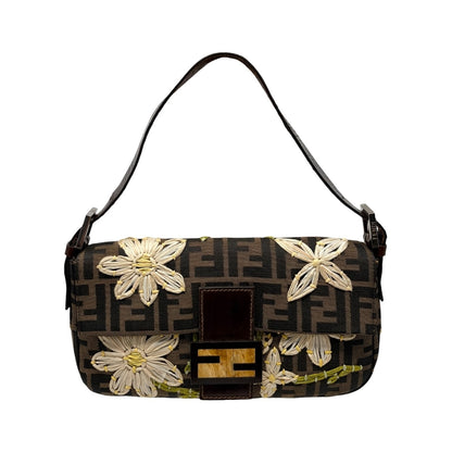 FENDI Vintage FF Zucca Mamma Baguette Shoulder Bag Flower Brown Canvas 902041