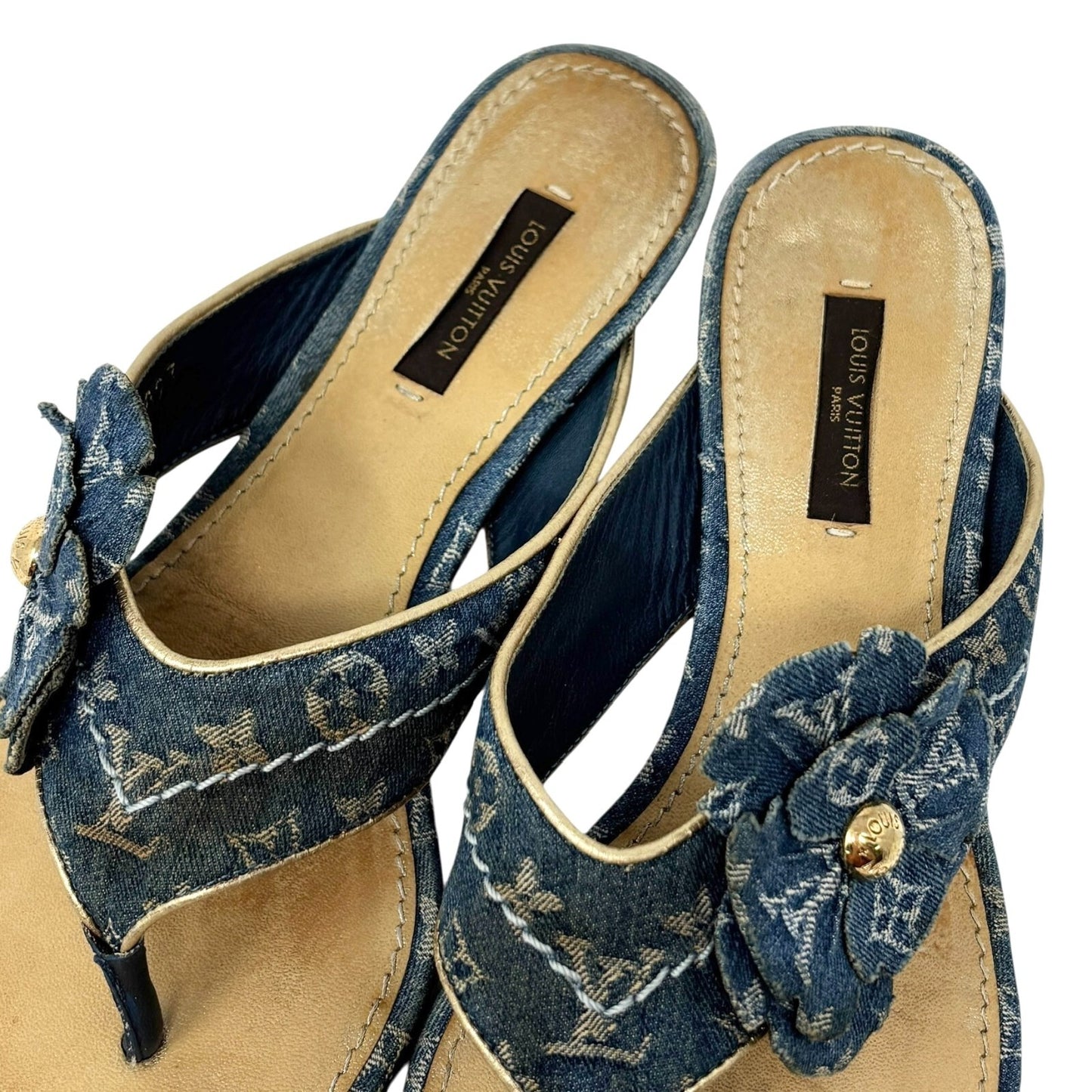 LOUIS VUITTON Vintage LV Monogram Denim Thong Sandals #37.5 Blue Gold Flower