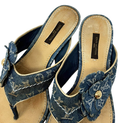 LOUIS VUITTON Vintage LV Monogram Denim Thong Sandals #37.5 Blue Gold Flower