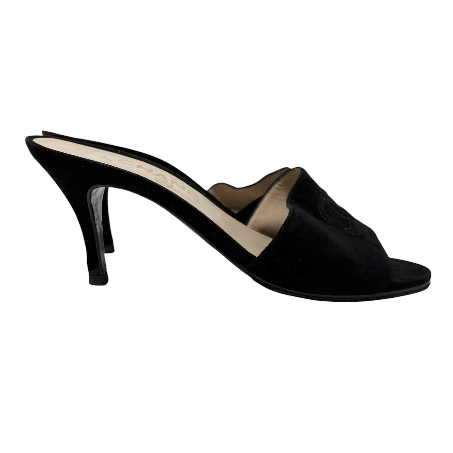 CHANEL Vintage CC Logo Suede Mule Sandals Heels #36 Black Beige 901813