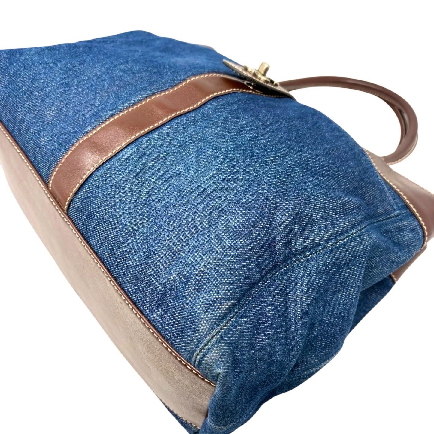 CHANEL Vintage CC Logo Denim Turnlock Tote Shoulder Bag Blue Brown Leather