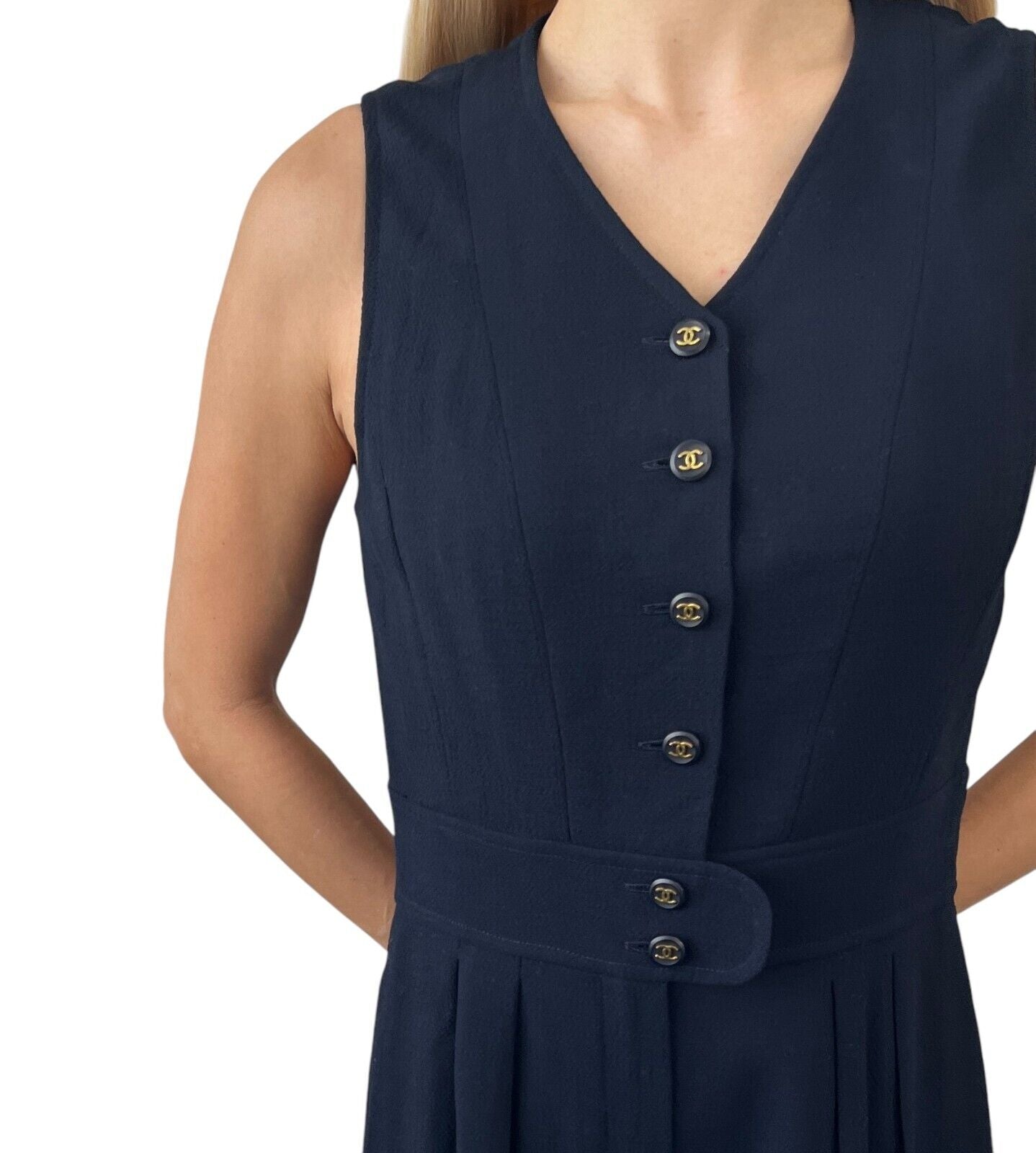 CHANEL Vintage CC Mark Logo Culottes Dress #40 Dark Blue Gold Wool Sleeveless