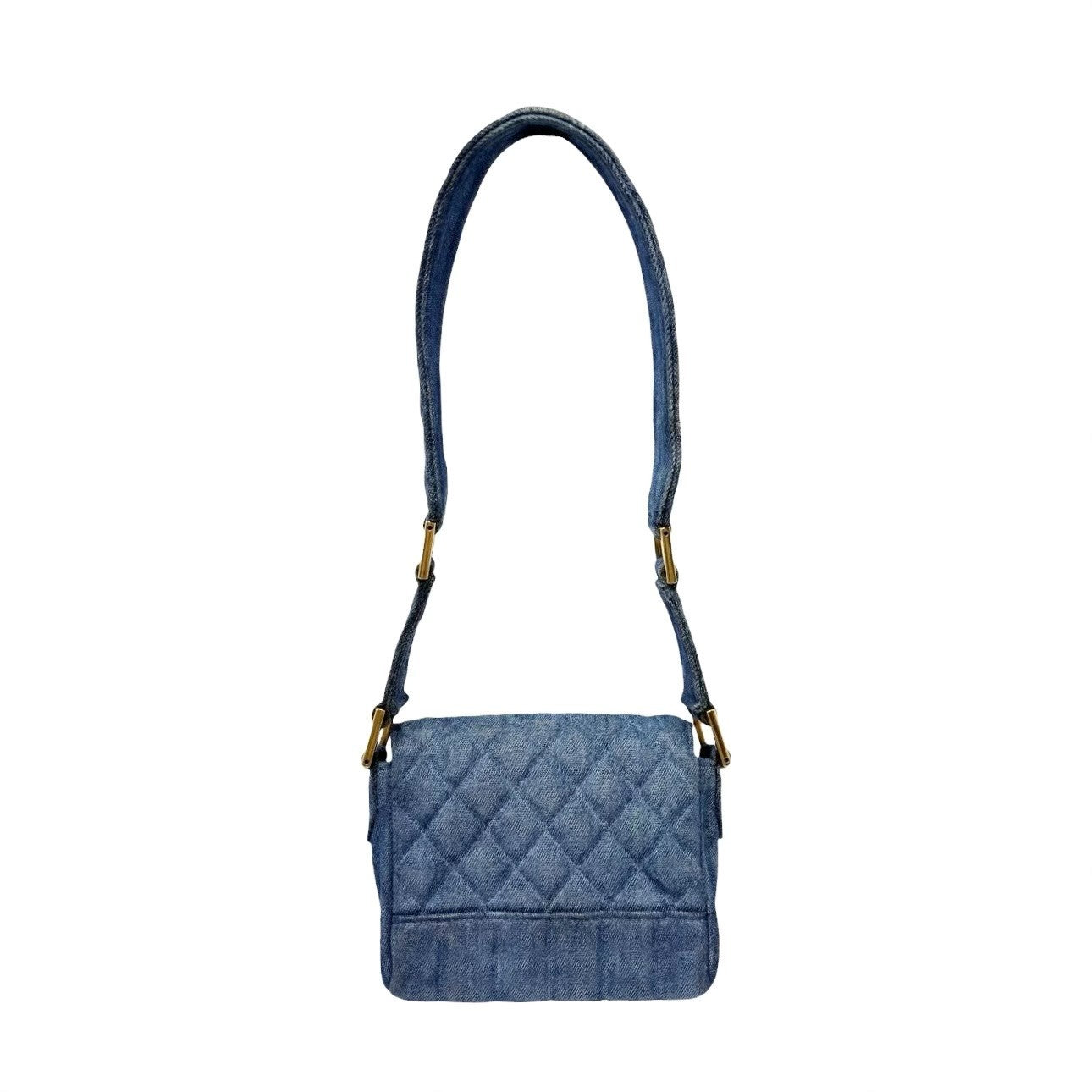 CHANEL Vintage CC Logo Turnlock Quilted Denim Flap Shoulder Bag Blue Gold