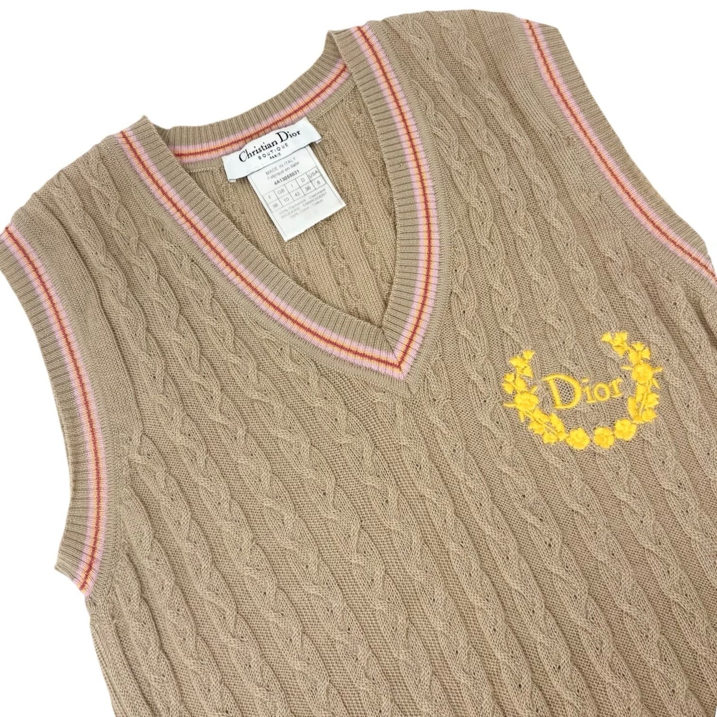 Christian Dior Vintage Logo Knit Top Vest Sweater #38 Sleeveless Beige 902083