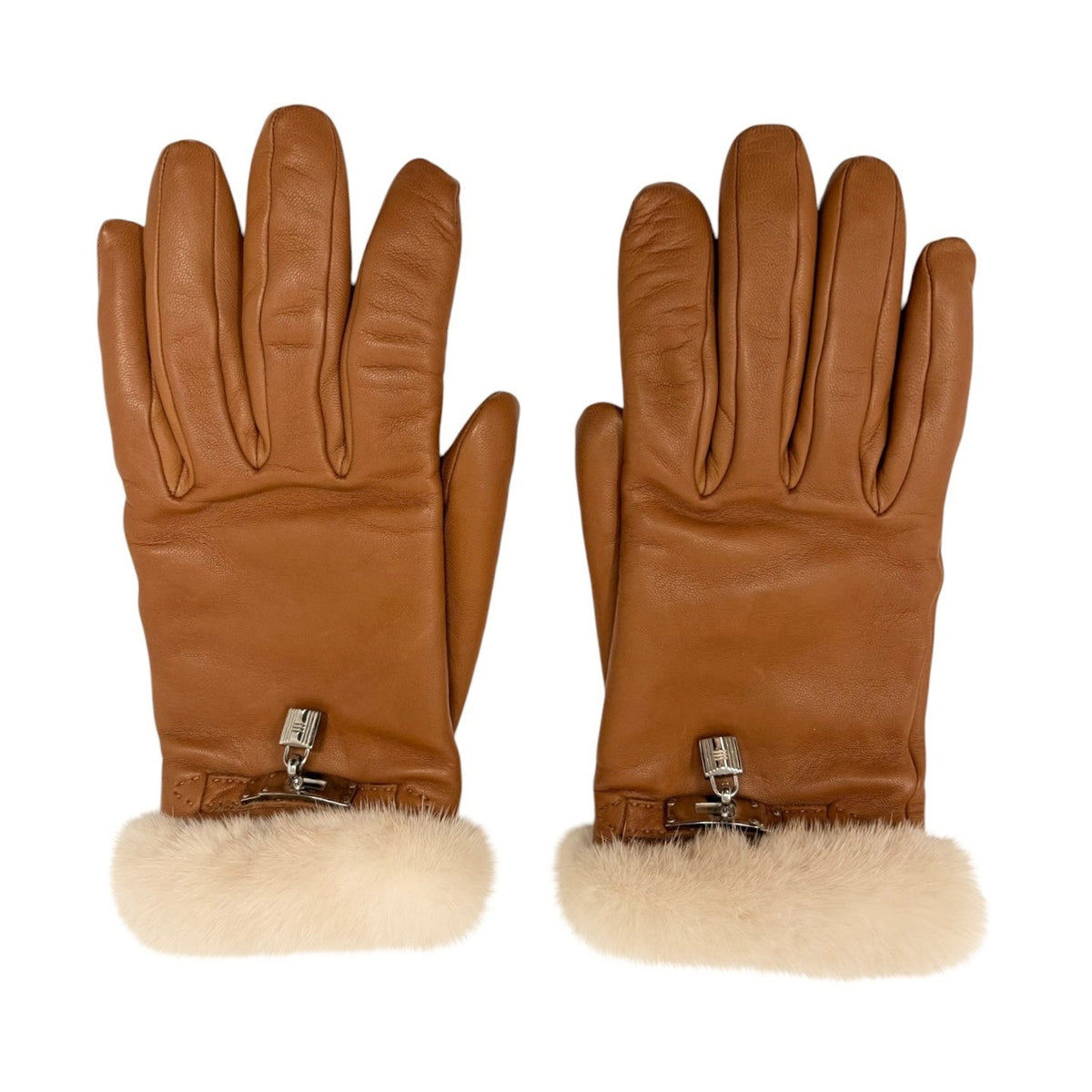 HERMES Vintage Kelly Padlock Cadena Fur Trim Leather Gloves #7 Brown 902367