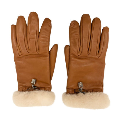 HERMES Vintage Kelly Padlock Cadena Fur Trim Leather Gloves #7 Brown 902367