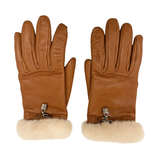 HERMES Vintage Kelly Padlock Cadena Fur Trim Leather Gloves #7 Brown 902367