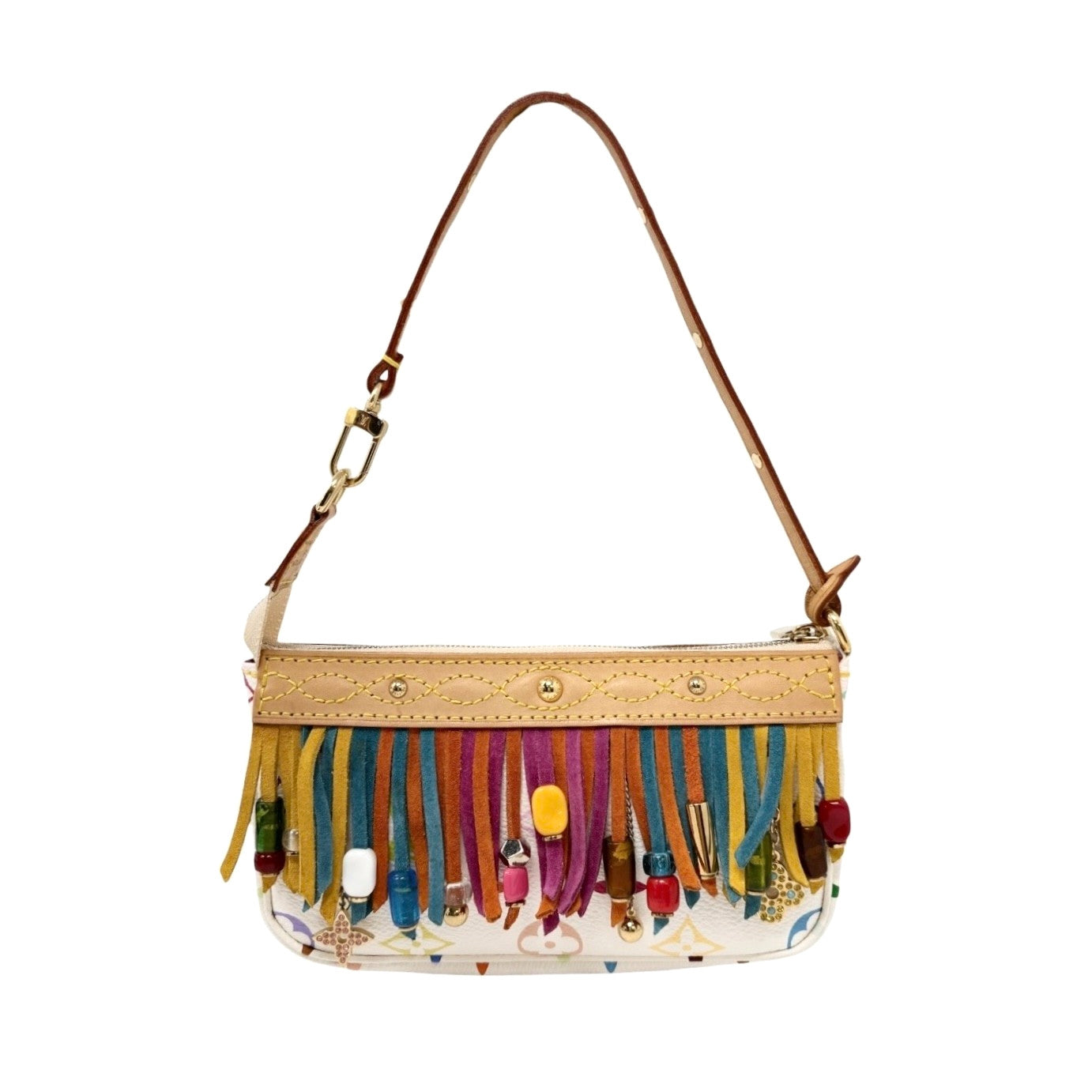 LOUIS VUITTON Vintage Monogram Multicolor Fringe Pochette Mini Bag White
