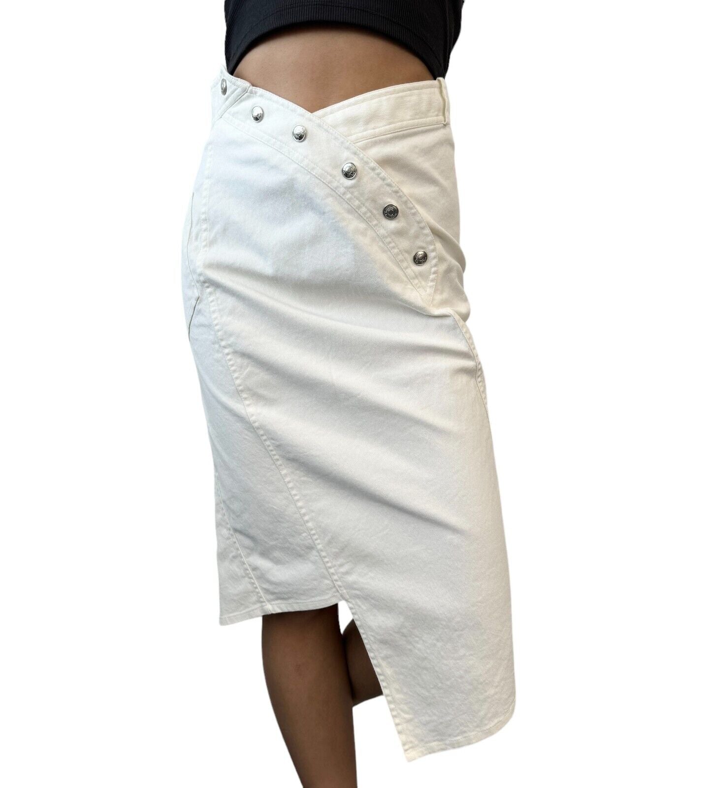 Christian Dior Vintage Logo Denim Skirt #38 White Silver Button Cotton Rank AB