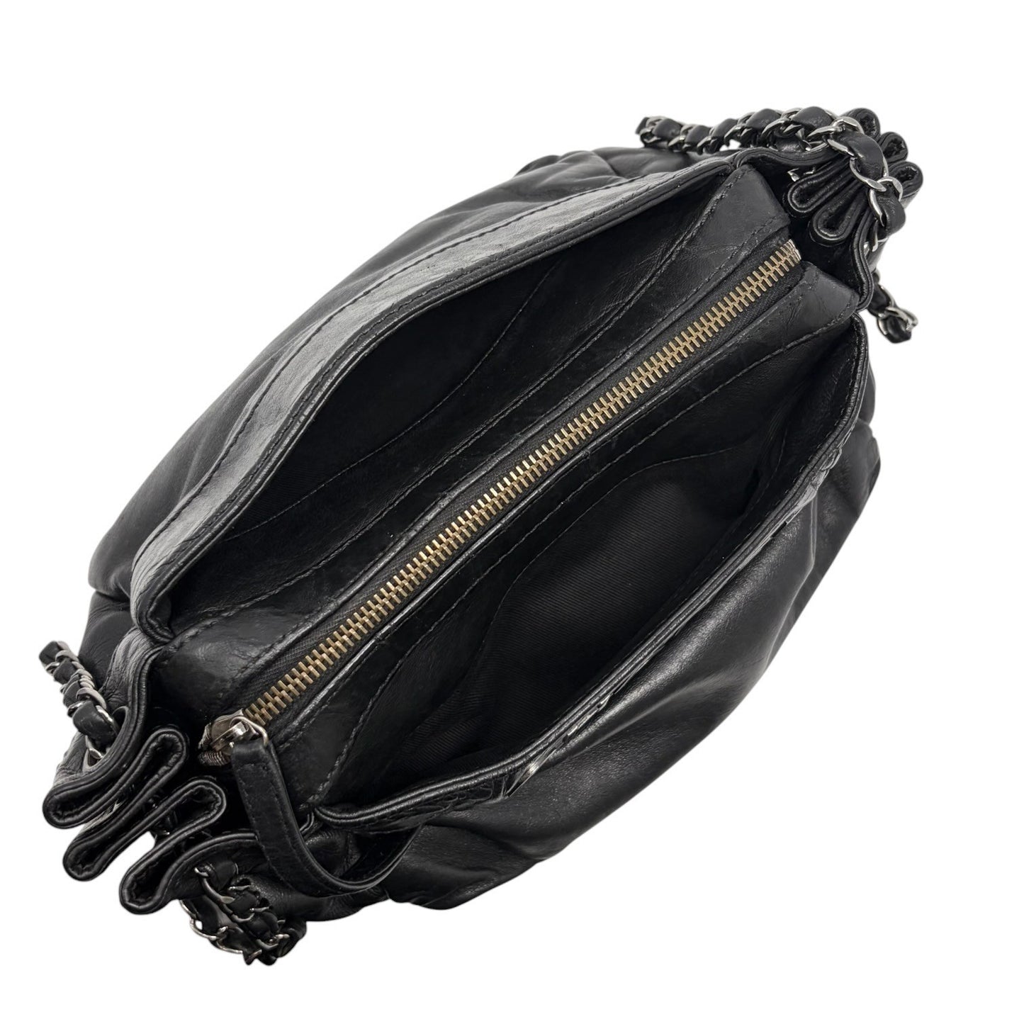CHANEL Vintage Logo Plate Chain Shoulder Bag Black Silver Leather 902441