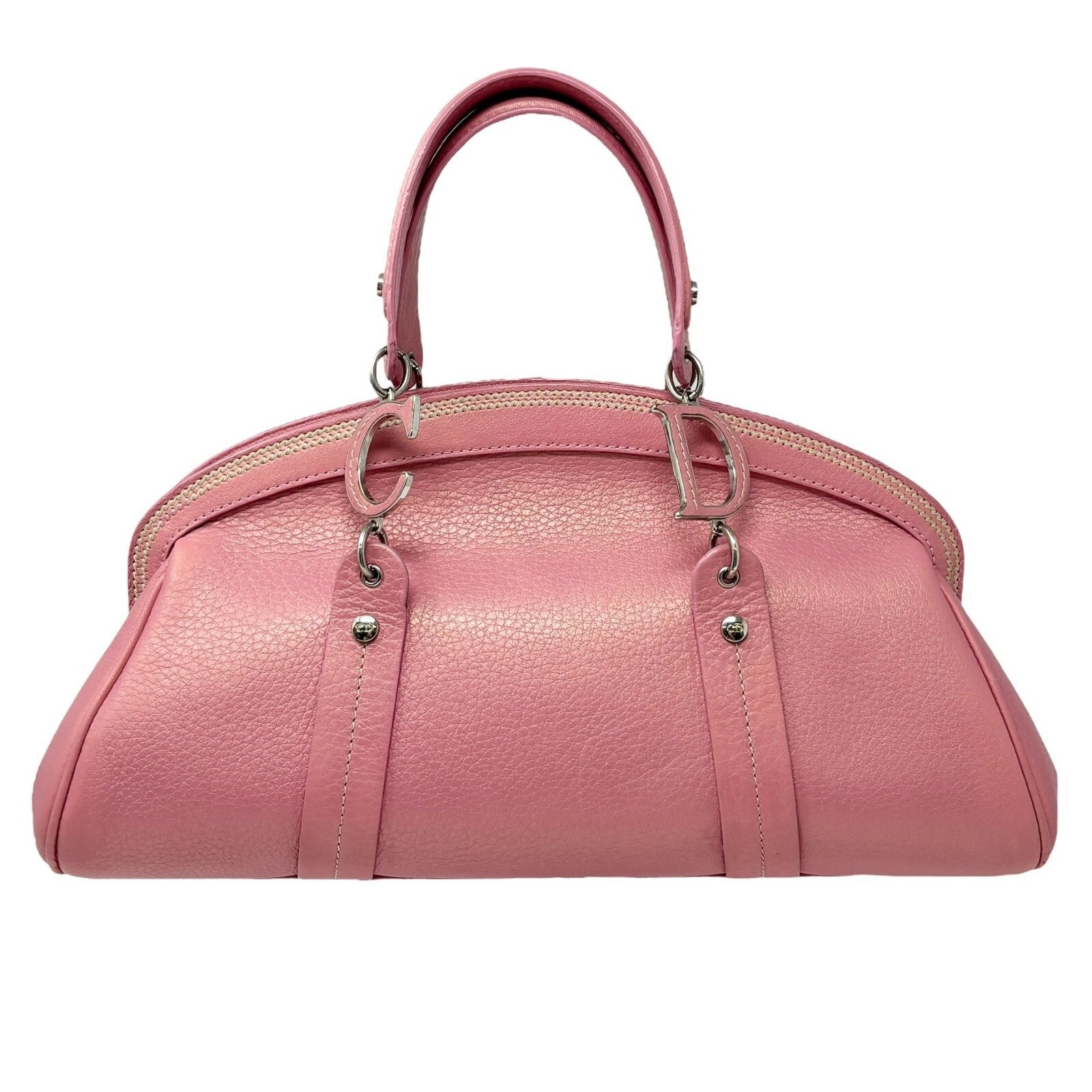 Christian Dior Vintage 2005 Logo Embroidered Mini Boston Bag Pink Silver Leather