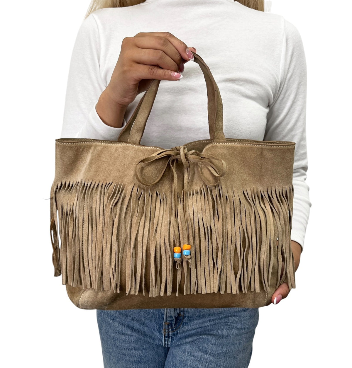 miu miu Vintage Fringe Ribbon Beads Top Handle Tote Bag Beige Suede 902477