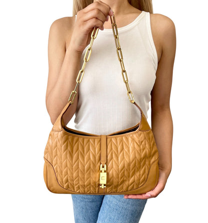 GUCCI Vintage Logo Quilted Chain Shoulder Bag Brown Gold Leather 902065