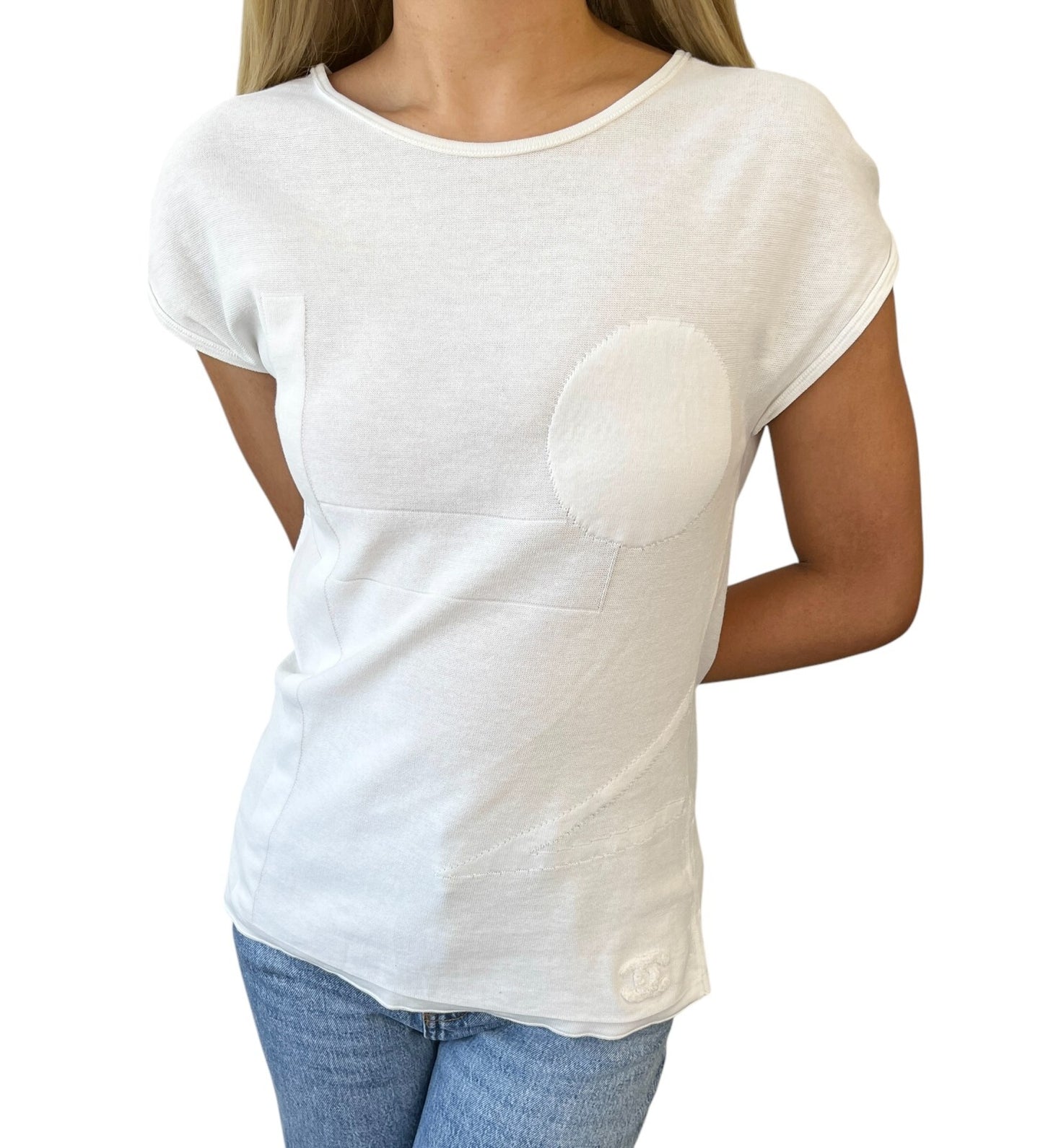 CHANEL Vintage P46183 CC Mark Logo Sleeveless Top #38 White Cotton